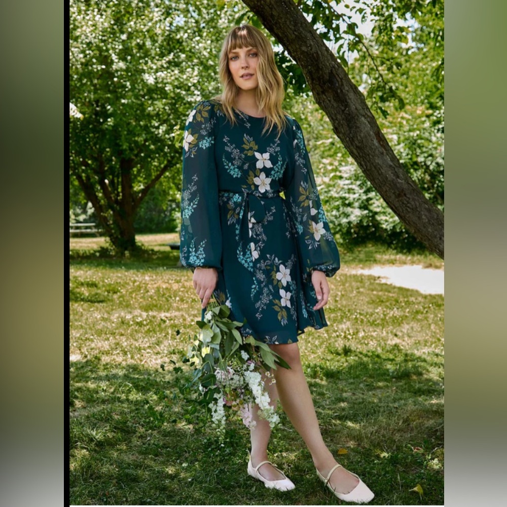 Floral Print Chiffon Fit & Flare Mini Dress - Dark Green